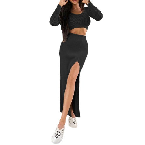 Black Long Sleeve Crop Top with Split Skirt 2pcs Set TQV810025-2