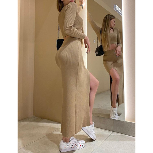 Khaki Long Sleeve Crop Top with Split Skirt 2pcs Set TQV810025-21