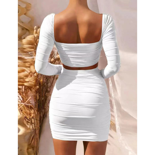 White Long Sleeve Smocked Crop Top with Skirt Set TQV810026-1