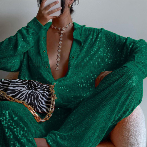 Dark Green Sequined Shirt with Pant and Bra 3pcs Set TQF711062-9