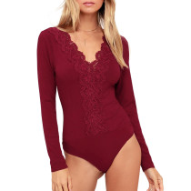 Burgundy Lace V Neck Long Sleeve Bodysuit TQV220109-23