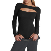 Black Ribbed Cut-out Long Sleeve Bodysuit TQV220110-2
