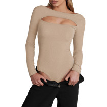 Apricot Ribbed Cut-out Long Sleeve Bodysuit TQV220110-18