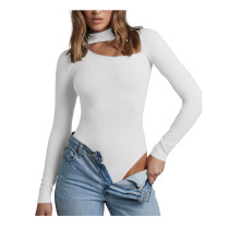 White Asymetrical Cut-out Long Sleeve Bodysuit TQV220111-1