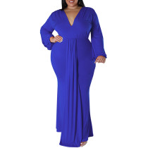 Blue Deep V Neck Pleated Plus Size Maxi Dress TQK311298-5
