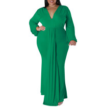 Green Deep V Neck Pleated Plus Size Maxi Dress TQK311298-9