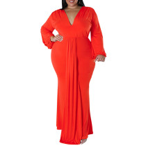 Tangerine Deep V Neck Pleated Plus Size Maxi Dress TQK311298-55