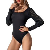 Black Spliced Lace Long Sleeve Bodysuit TQV220114-2