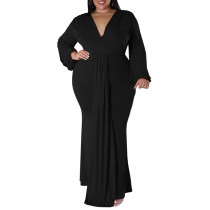 Black Deep V Neck Pleated Plus Size Maxi Dress TQK311298-2