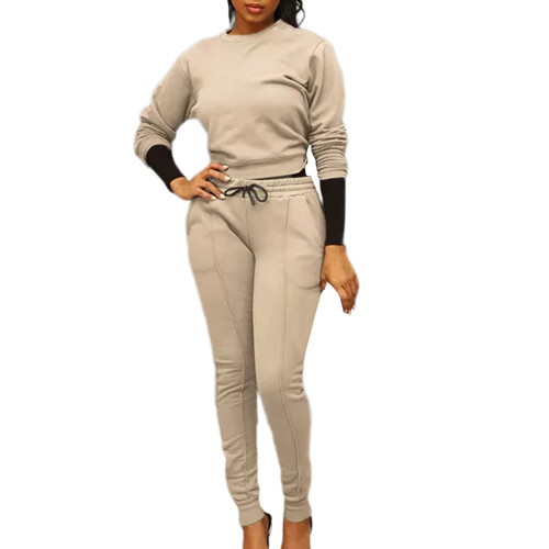 Apricot Long Sleeve Top with Zipper Hem Pant Set TQF711073-18