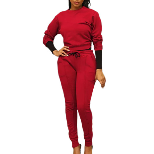 Red Long Sleeve Top with Zipper Hem Pant Set TQF711073-3