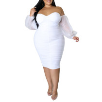 White Off Shoulder Spliced Mesh Long Sleeve Plus Size Dress TQK311297-1
