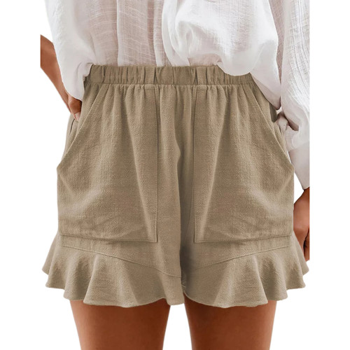 Khaki High Waist Pleated Cotton Shorts TQF530002-21