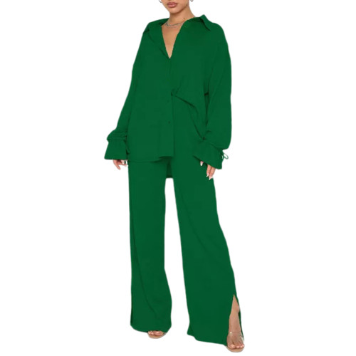 Dark Green Lace-up Cuff Long Sleeve Shirt with Pant Set TQF711076-36
