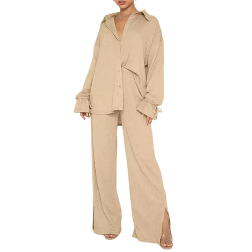 Apricot Lace-up Cuff Long Sleeve Shirt with Pant Set TQF711076-18