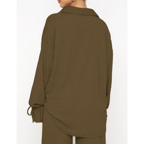 Khaki Lace-up Cuff Long Sleeve Shirt with Pant Set TQF711076-21