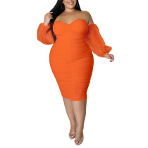 Orange Off Shoulder Spliced Mesh Long Sleeve Plus Size Dress TQK311297-14