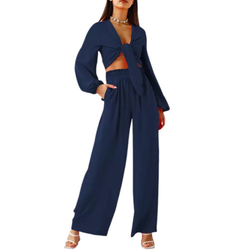 Navy Blue Twisted Long Sleeve Crop and Wide Leg Pant Set TQX711079-34
