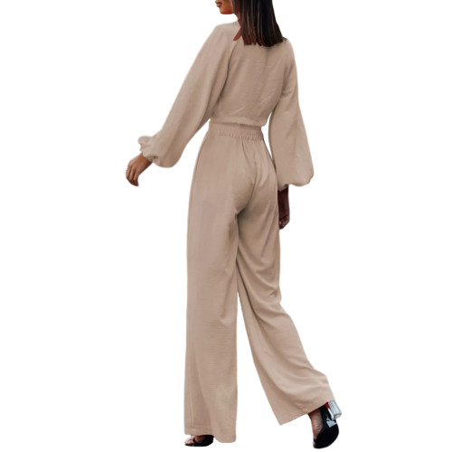 Apricot Twisted Long Sleeve Crop and Wide Leg Pant Set TQX711079-18