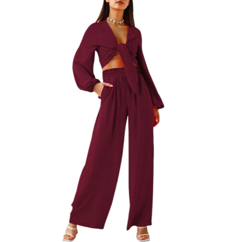 Burgundy Twisted Long Sleeve Crop and Wide Leg Pant Set TQX711079-23