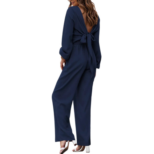Navy Blue Twisted Long Sleeve Crop and Wide Leg Pant Set TQX711079-34