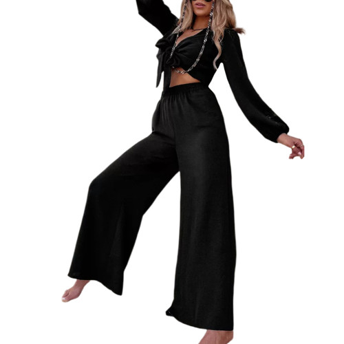 Black Twisted Long Sleeve Crop and Wide Leg Pant Set TQX711079-2