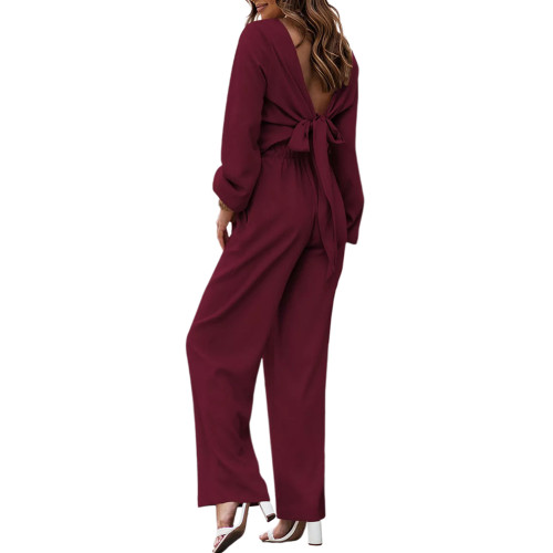 Burgundy Twisted Long Sleeve Crop and Wide Leg Pant Set TQX711079-23