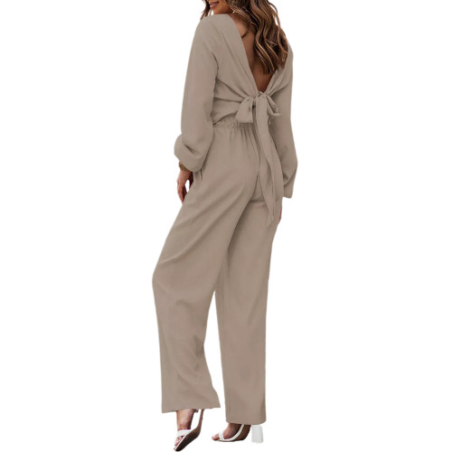 Khaki Twisted Long Sleeve Crop and Wide Leg Pant Set TQX711079-21