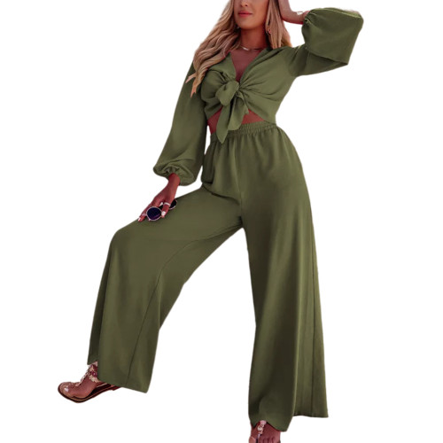 Army Green Twisted Long Sleeve Crop and Wide Leg Pant Set TQX711079-27