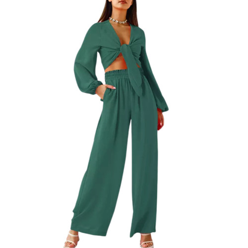 Blue Green Twisted Long Sleeve Crop and Wide Leg Pant Set TQX711079-45