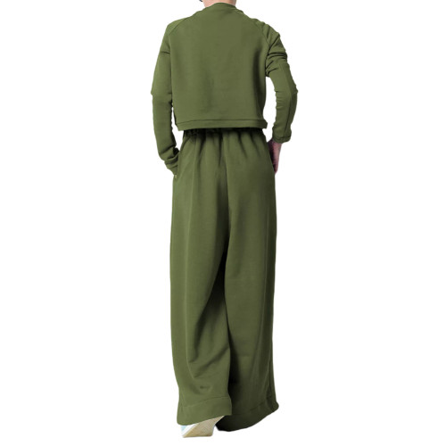Army Green Irregular Sweatshirt with Wide Leg Casual Pant Set TQF711078-27