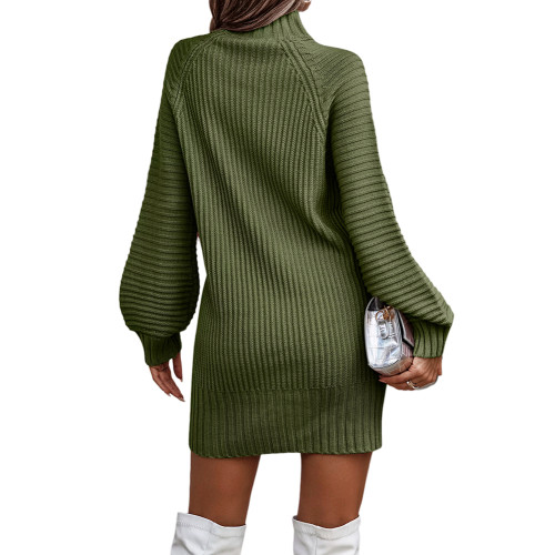 Army Green Long Sleeve High Collar Sweater Dress TQK311282-27