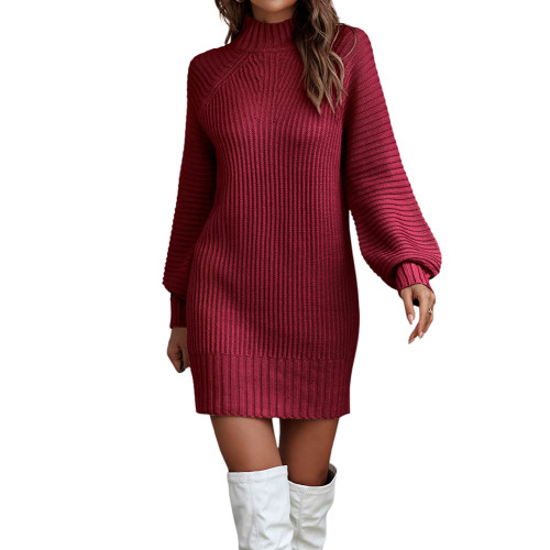 Burgundy Long Sleeve High Collar Sweater Dress TQK311282-23