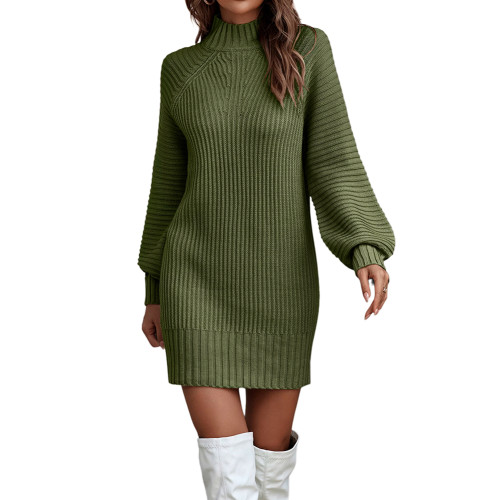 Army Green Long Sleeve High Collar Sweater Dress TQK311282-27