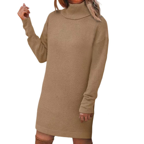 Khaki Long Sleeve Turtleneck Split Sweater Dress TQK311281-21