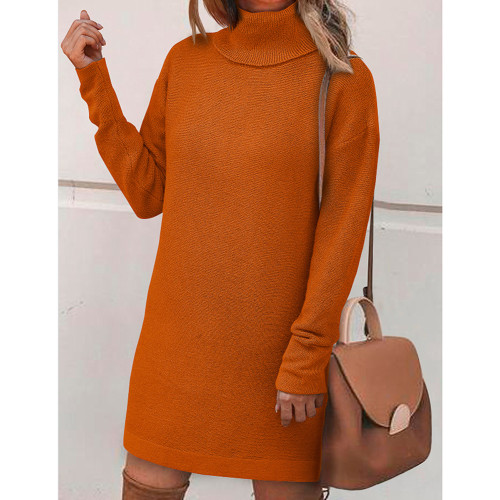 Orange Long Sleeve Turtleneck Split Sweater Dress TQK311281-14