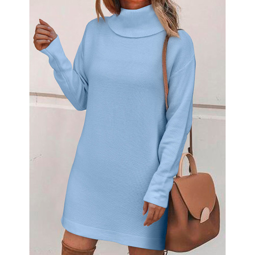 Light Blue Long Sleeve Turtleneck Split Sweater Dress TQK311281-30