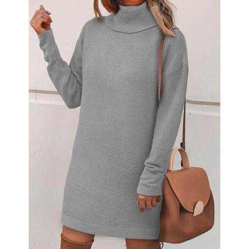 Light Gray Long Sleeve Turtleneck Split Sweater Dress TQK311281-25