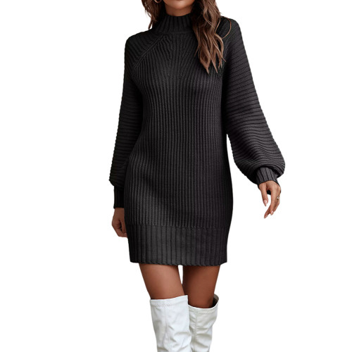 Black Long Sleeve High Collar Sweater Dress TQK311282-2