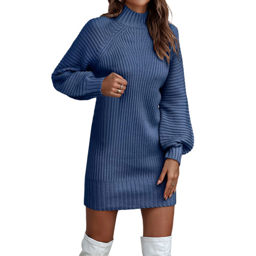 Blue Long Sleeve High Collar Sweater Dress TQK311282-5