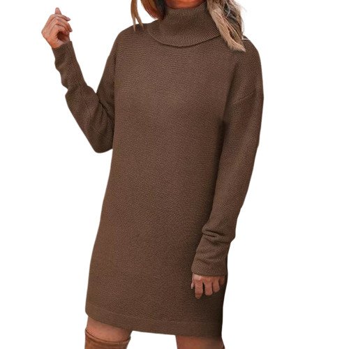 Coffee Long Sleeve Turtleneck Split Sweater Dress TQK311281-15