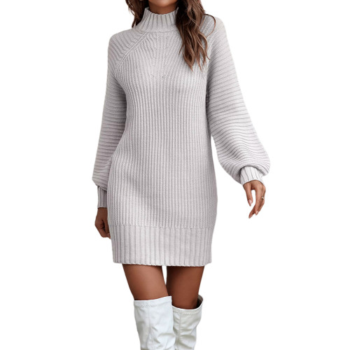 White Long Sleeve High Collar Sweater Dress TQK311282-1