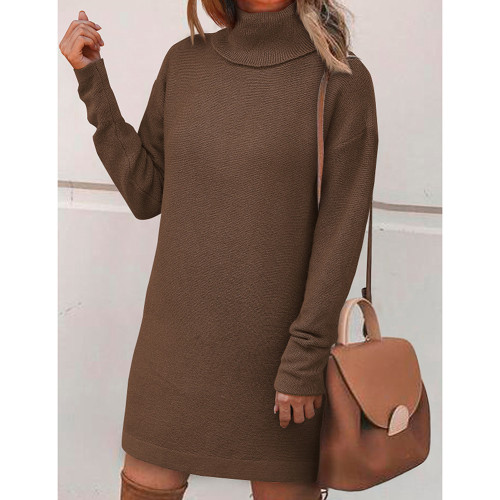Coffee Long Sleeve Turtleneck Split Sweater Dress TQK311281-15