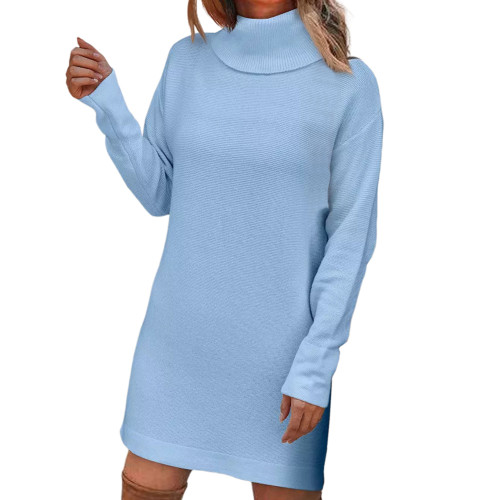 Light Blue Long Sleeve Turtleneck Split Sweater Dress TQK311281-30