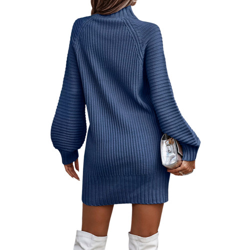 Blue Long Sleeve High Collar Sweater Dress TQK311282-5
