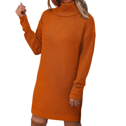 Orange Long Sleeve Turtleneck Split Sweater Dress TQK311281-14