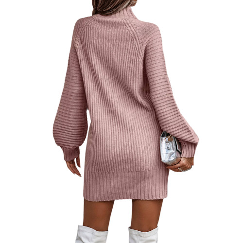 Pink Long Sleeve High Collar Sweater Dress TQK311282-10