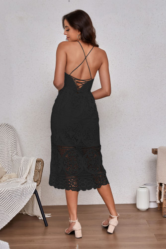 Black Embroidery Lace V Neck Spaghetti Straps Evening Dress TQBA220725-2