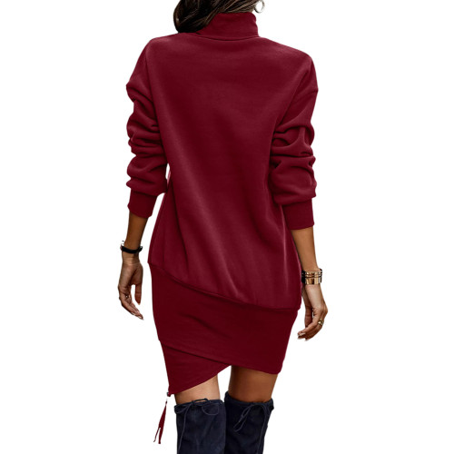 Burgundy High Collar Zipper Irregular Sweater Dress TQK311283-23