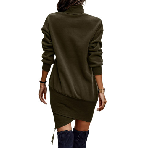 Army Green High Collar Zipper Irregular Sweater Dress TQK311283-27